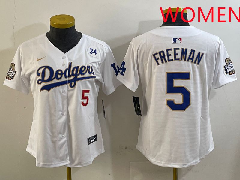 Women Los Angeles Dodgers 5 Freeman White Gold Game 2025 Nike MLB Jersey style 5